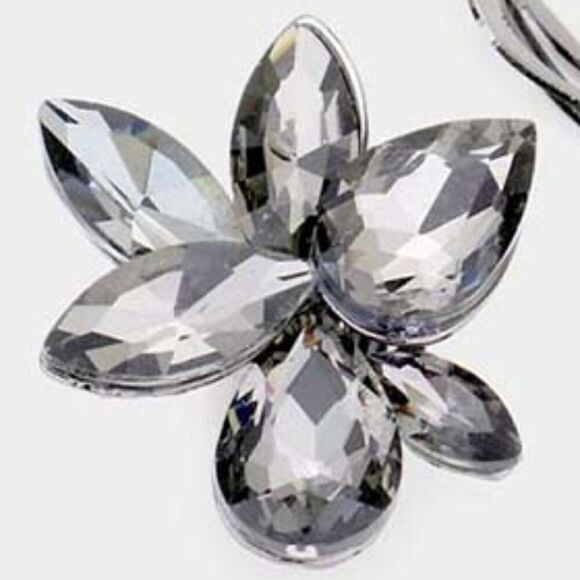 Marquise Teardrop Black Diamond Crystal Cluster Clip on Silver Earrings - Picture 2 of 5